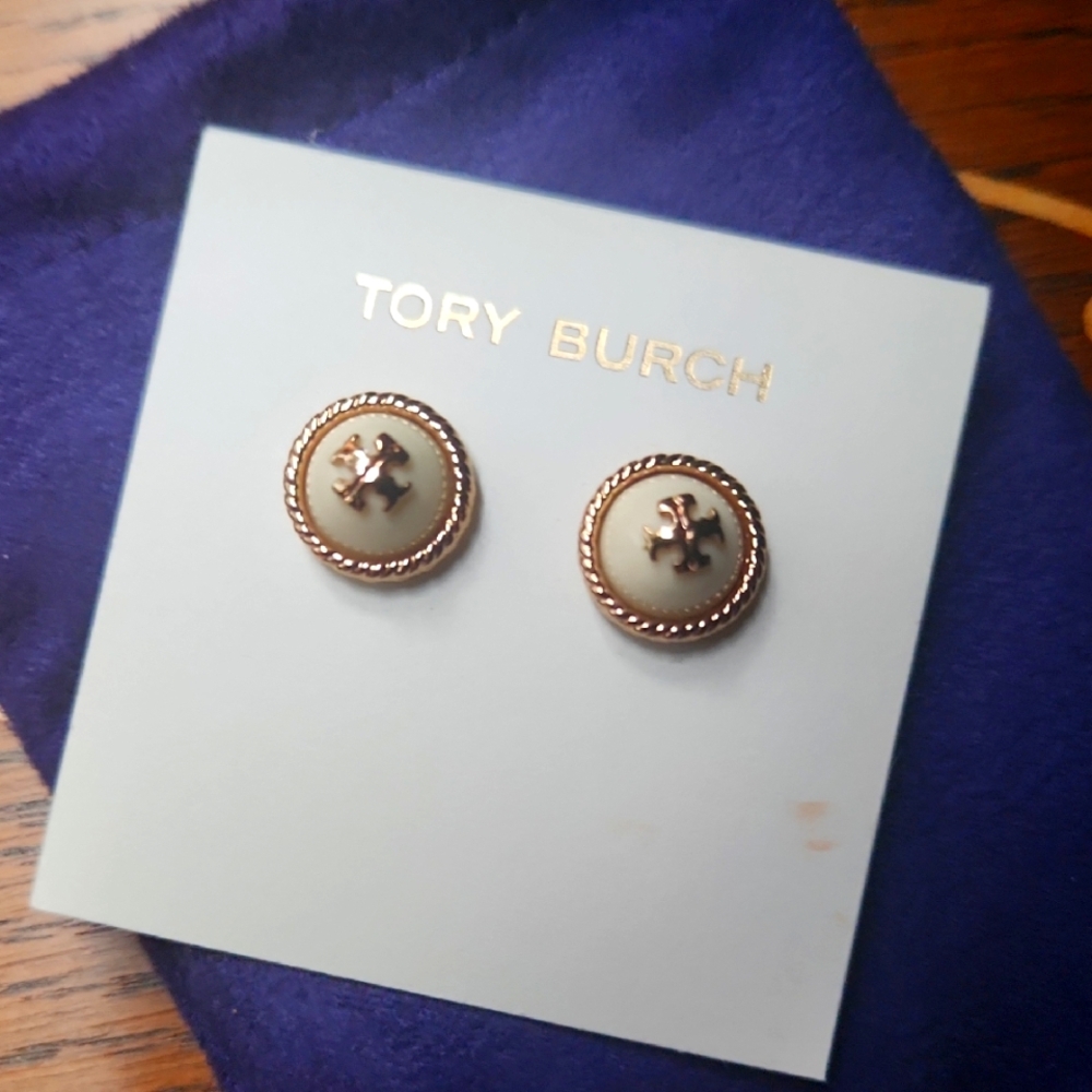 Tory Burch Gold and Cream Button Earrings